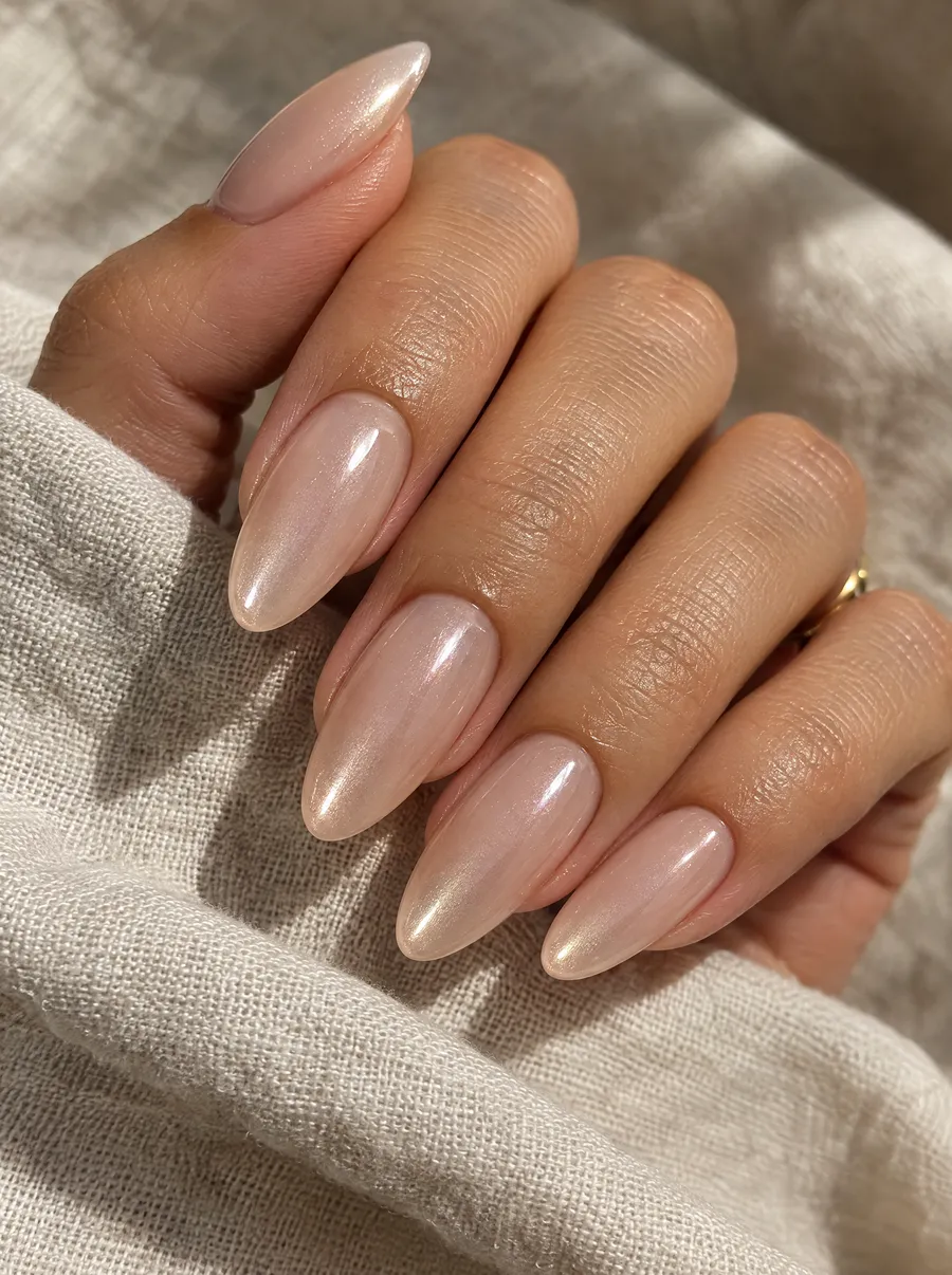 Sfeerbeeld: amandelvormige nagels met een glanzende nude BIAB